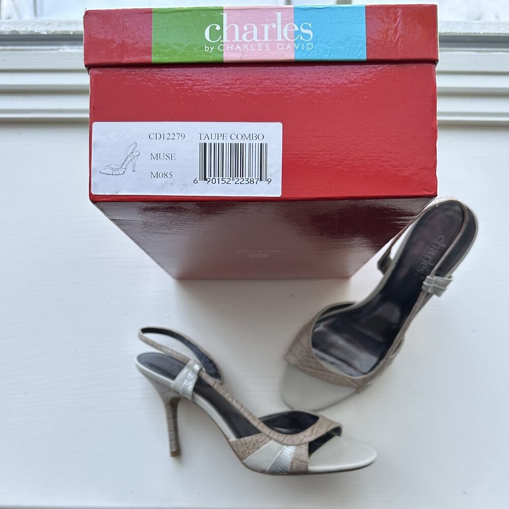 Charles by Charles David, beige with silver slingy heel, made in Spain, 8½ M